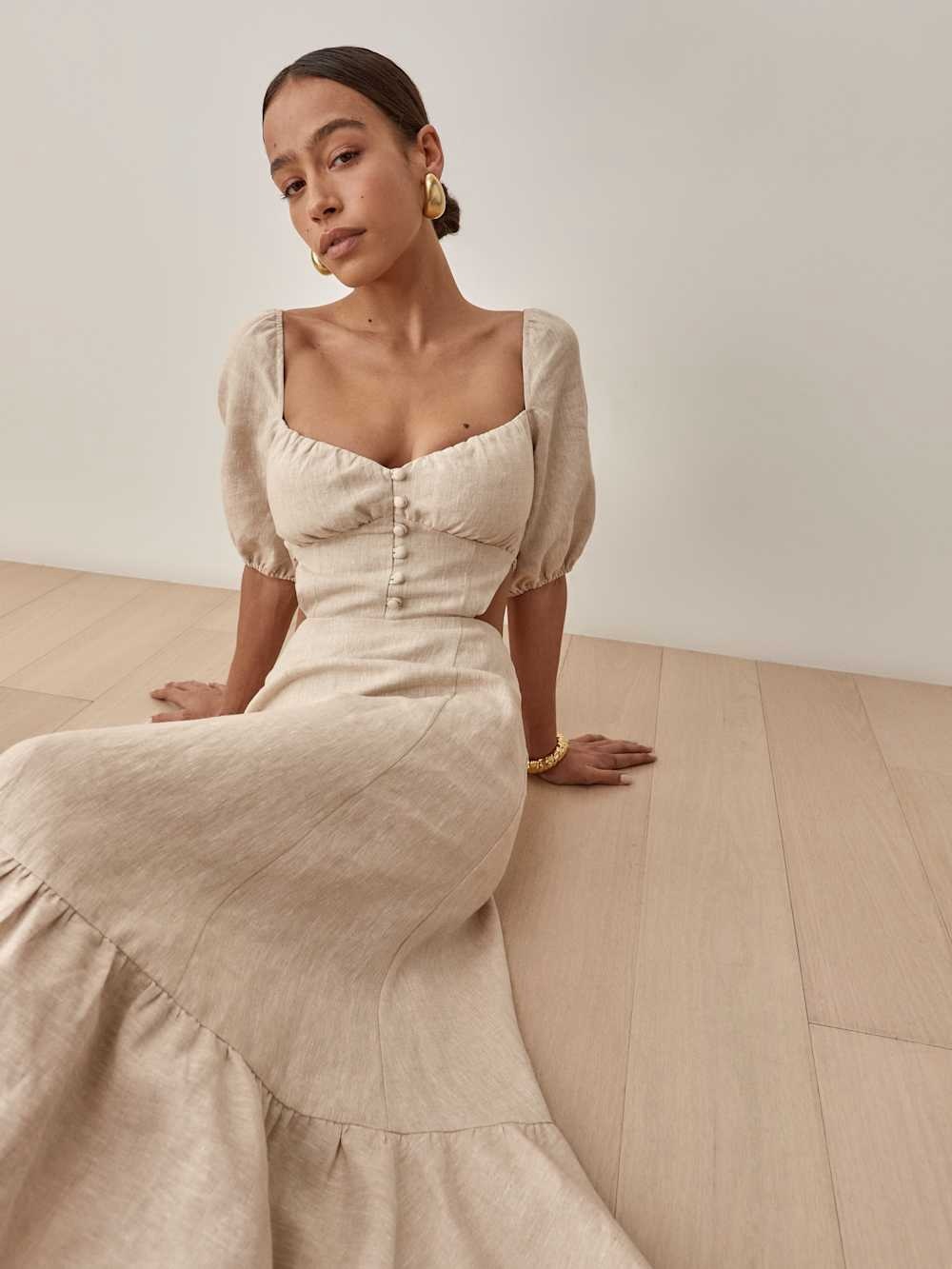 Reformation Maryam Puff Sleeve Linen Dress in Beige